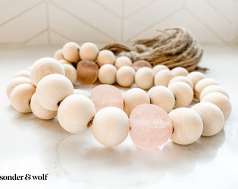 Wood Bead & Rose Recycled Glass Garland: Boho Coastal Decor