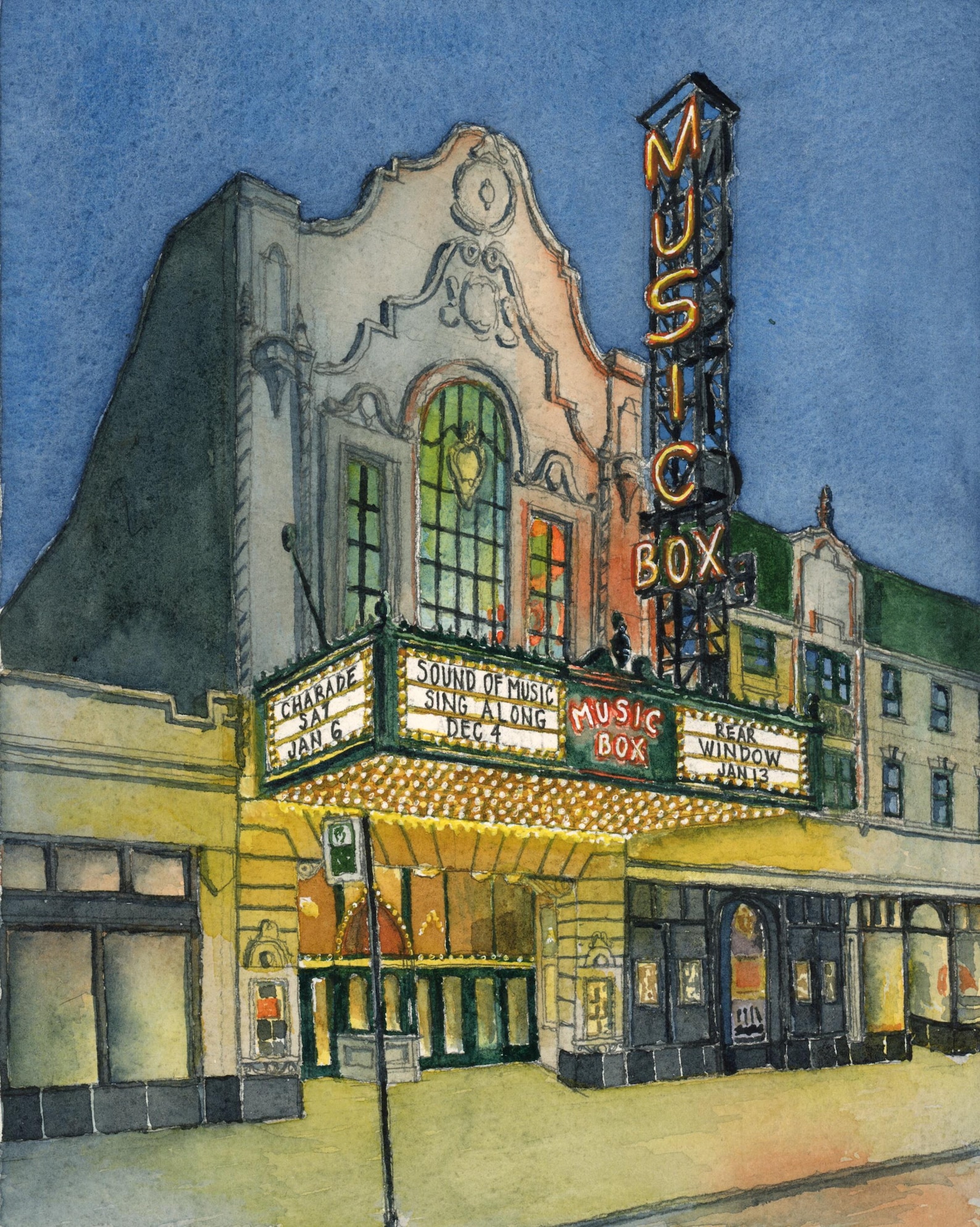 Music Box Theater, Chicago, Donation Watercolor Print