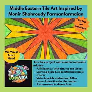 May include: A colorful geometric tile art design inspired by Monir Shahroudy Farmanfarmaian. The design features a starburst pattern with red, orange, yellow, green, and brown colors. The text "Mix Visual Arts + Math!" and "Perfect for Ramadan" are also included in the image.