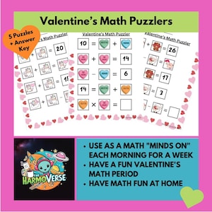 May include: Five printable Valentine's Day themed maths puzzles for children. Each puzzle features a different Valentine's Day theme, such as hearts, unicorns, and candy. The puzzles include addition, subtraction, and multiplication problems. The text on the image reads "Valentine's Math Puzzlers", "5 Puzzles + Answer Key", and "Use as a maths "Minds On" each morning for a week. Have a fun Valentine's maths period. Have maths fun at home."