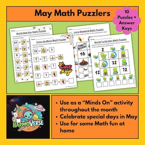 May include: A set of 10 printable math puzzles for kids featuring themes related to May holidays, such as World Bee Day, Cinco de Mayo, and World Turtle Day. The puzzles include addition, subtraction, and multiplication problems. The text "May Math Puzzlers" is at the top of the image.
