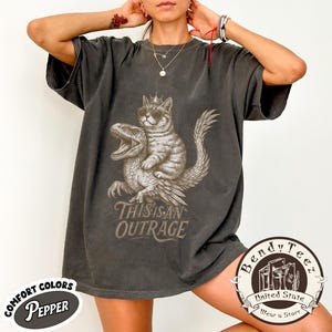 Puede incluir: Camiseta gris oscuro con un gráfico de un gato con gafas de sol y una corona montando un dinosaurio. El texto "THIS IS AN OUTRAGE" está debajo. La camiseta tiene un aspecto vintage y las palabras "COMFORT COLORS PEPPER" están impresas en la parte inferior izquierda.