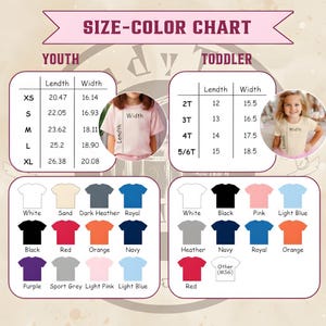 May include: A size and color chart for youth and toddler t-shirts. The chart includes measurements in inches for various sizes, along with a color palette featuring white, black, red, and other colors. The text "SIZE-COLOR CHART" is at the top.