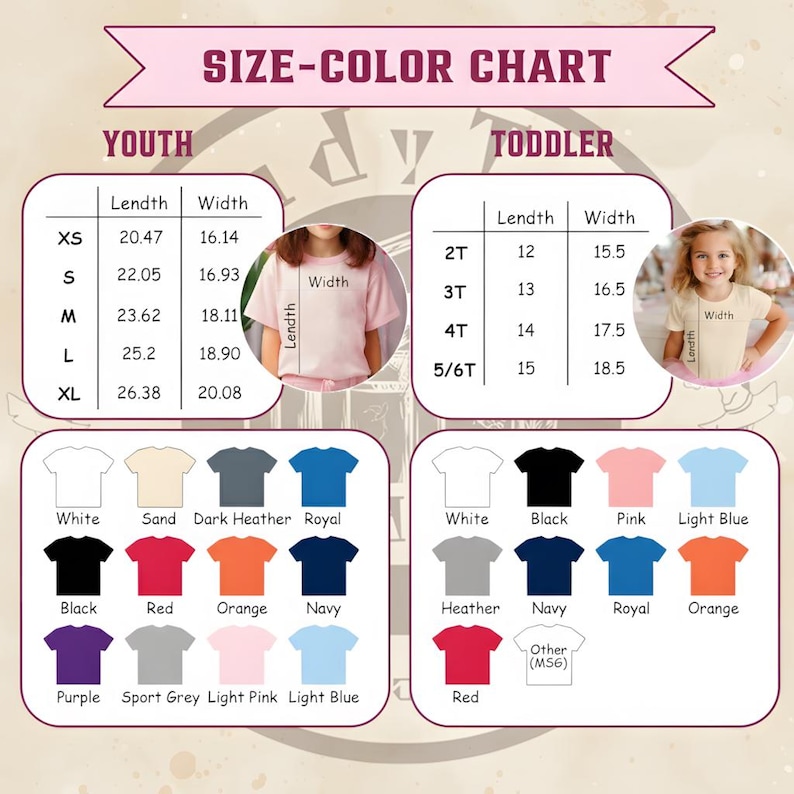 May include: A size and color chart for youth and toddler t-shirts. The chart includes measurements in inches for various sizes, along with a color palette featuring white, black, red, and other colors. The text "SIZE-COLOR CHART" is at the top.