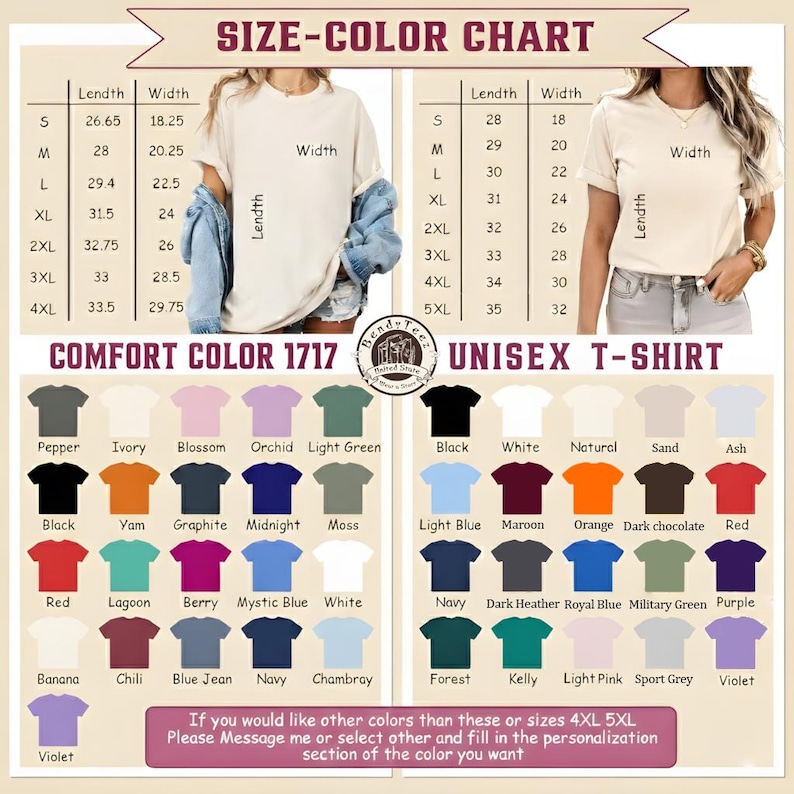 May include: Size and color chart for Comfort Color 1717 unisex t-shirts. Includes measurements in inches for sizes S to 5XL. Features a color palette with options like black, white, navy, and red. Text on the image reads, "If you would like other colors than these or sizes 4XL 5XL Please Message me or select other and fill in the personalization section of the color you want."