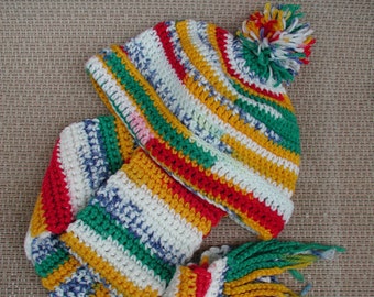 Hat and Scarf, Crochet Scarf Set, Hat and Scarf, Crayola Mixed Colors, Toboggan Hat, Fringe Scarf, Winter Weather Wear