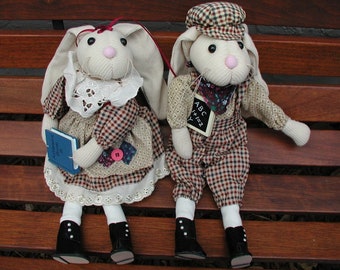 Easter Bunnies Décor, Stuffed Bunnies, Brother and Sister Bunnies, Set Sibling Rabbits, Smart Bunny, Back to School, Girl Rabbit, Boy Rabbit