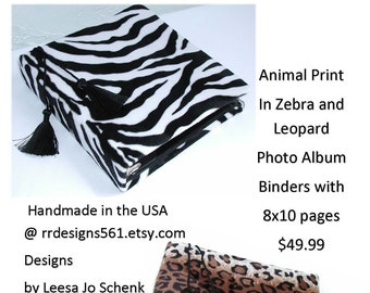 Zebra Album Binder, Photo Albums, Fabric Covered Album, Animal Print Binders, Customized Covered Albums, Photo Albums with 8 x 10 Pages