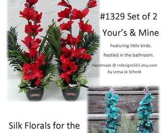 Yours and Mine Set, Silk Floral Designs, Turquoise Floral, Master Bath, Valentine Day, small tall florals, Wedding Gift, Birds Floral Design