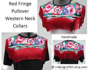 Red Fringe Collar, Western Neck Collar, Cowgirl Costume, Fringe T Shirt, and Tank Tops, Western Neck Bib, Floral Fringe Collar, Gift For Her