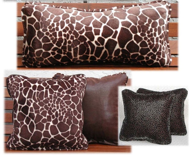 Giraffe Pillows, Exotic Pillows, Pillows with Trim, Animal Print pillows, Brown Leather Pillow, Luxury Toss Pillows, Giraffe Lumbar Pillow