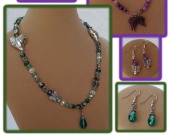 Necklace and Earrings, Silver Hearts, Silver Butterflies, Valentine Day, St. Patricks Day, Gift for Her, Leaf, Necklace Set, Purple or Green