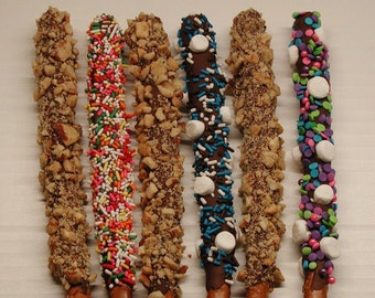 Chocolate Pretzels, Milk Chocolate Covered Pretzel Rods, All Occasion Pretzel, Gourmet Pretzels, Nuts and Candy Garnished, Chocolate Spiders