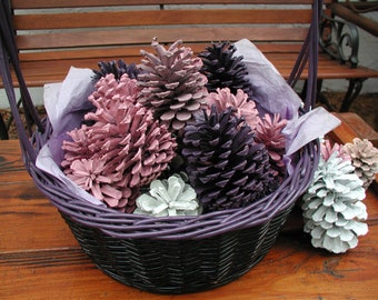 Painted Pinecones, Valentine Basket, Basket of Pinecones, Easter, Halloween Décor, Christmas, Pinecones, Centerpiece, Colorful Pine Cones