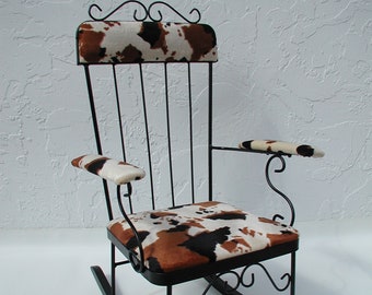 Brown Cow Print, Rocking Chair, Farmhouse Rocking Chair, Black Wrought Iron, Ranch Home Décor, Child Rocking Chair, Rustic Home Décor