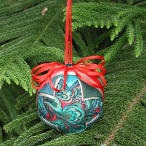 Paisley ornaments, Turquoise Ornament, Fabric Ornaments, Quilted Style Ornament, Friendship Gift, Red Ribbon Ornament, Shatterproof ball image 2