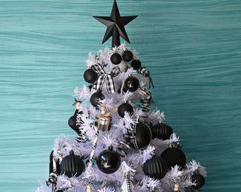 White Christmas Tree, Black and White, 3 FT Plus tall, Table Top Tree, Fully Decorated Tree, with 50 Clear Lights, Centerpiece Tree