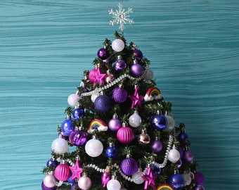 Miniature Christmas Tree, Fully Decorated Tree, 50 Pink Lights, Tree with Lights, Tabletop Tree, Christmas Centerpiece, Decorated Christmas