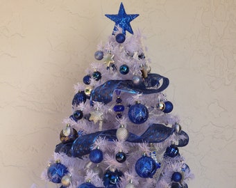 White Christmas Tree, White Blue Silver, Hanukkah Tree, 3 Ft plus tall fully decorated, Christmas Tree, Winter Wedding, 100 Clear lights