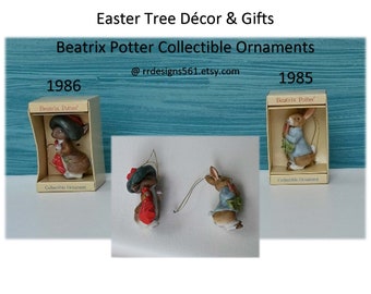 Beatrix Potter, Collectible Ornaments, Easter Tree Décor, 1986 Hat Rabbit, 1985 Carrot Rabbit, Ceramic Easter ornament, Hanging Ornament