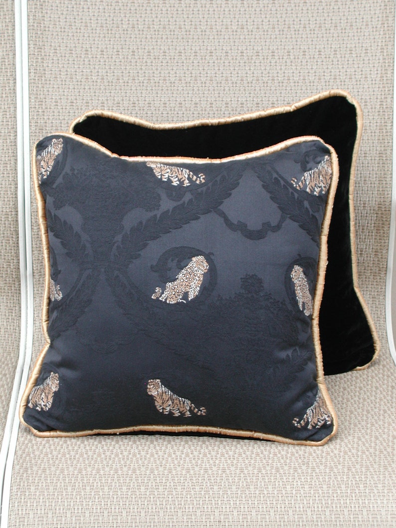 Tiger and Leopard Pillows, Trimmed in Gold, Big Cat Set, Accent Throw Pillow, Black Velvet Pillows, Luxury Toss Pillows, Safari Home Decor image 1