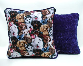 Puppy Love Pillow, Blue Velvet Pillow, Dog Lovers Pillow, Doggie Accent Pillow, Pillows with Trim, Puppy Lovers Pillow, Gift For Her or Him