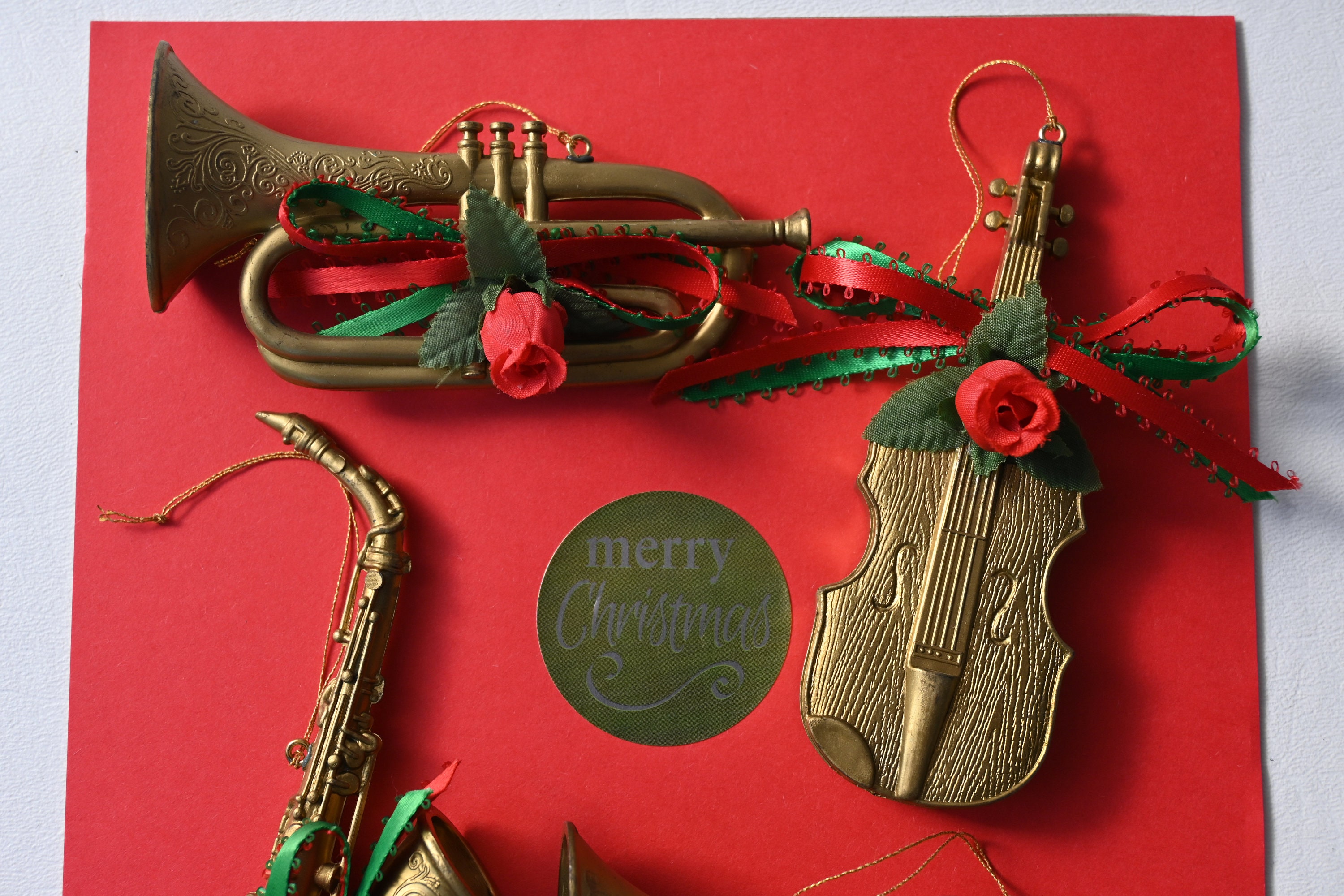 Golden Musical Instruments, Christmas Ornaments, Set of 4 Horns in Rosy ...