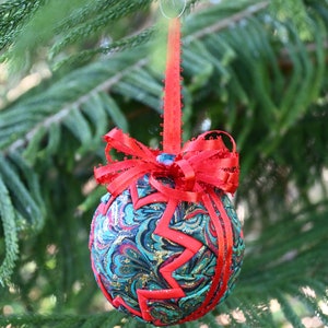 Paisley ornaments, Turquoise Ornament, Fabric Ornaments, Quilted Style Ornament, Friendship Gift, Red Ribbon Ornament, Shatterproof ball Wide red ribbon