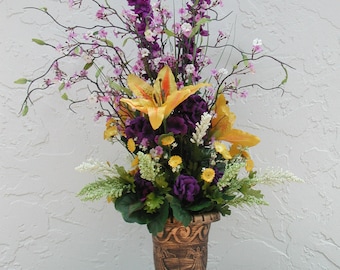 Tall Silk Lillie's,"Peace in the Chapel", Silk Funeral Floral, Purple and Yellow, Church Floral Design, Tall Centerpiece,Chalice Centerpiece