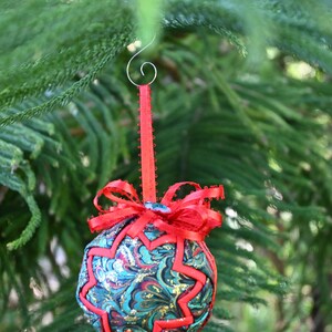 Paisley ornaments, Turquoise Ornament, Fabric Ornaments, Quilted Style Ornament, Friendship Gift, Red Ribbon Ornament, Shatterproof ball image 9