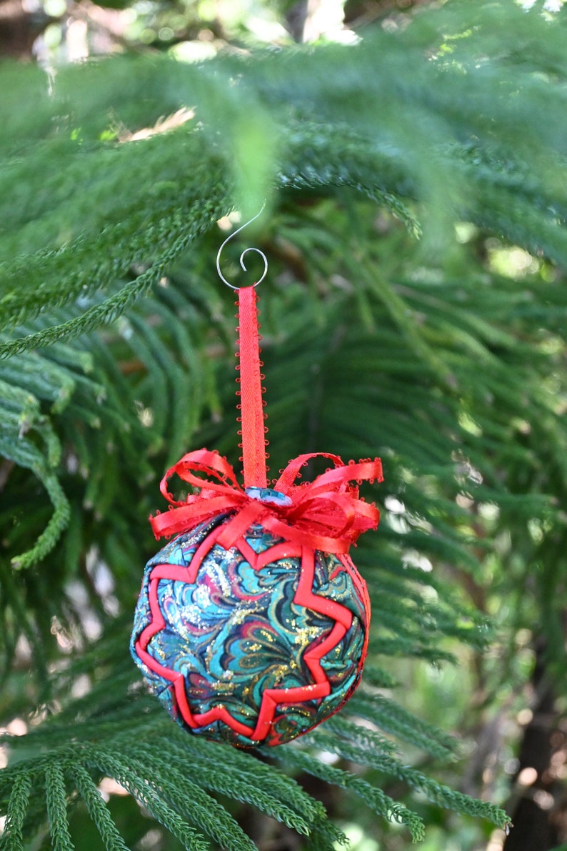 Paisley ornaments, Turquoise Ornament, Fabric Ornaments, Quilted Style Ornament, Friendship Gift, Red Ribbon Ornament, Shatterproof ball image 9