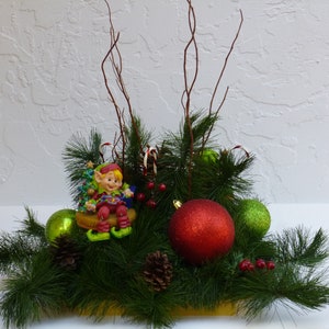 Christmas Elf's, Elf in the pines, Floral Arrangement, Holiday Centerpiece, Red and Green Floral, Artificial Plants, Christmas Gift Flowers image 3