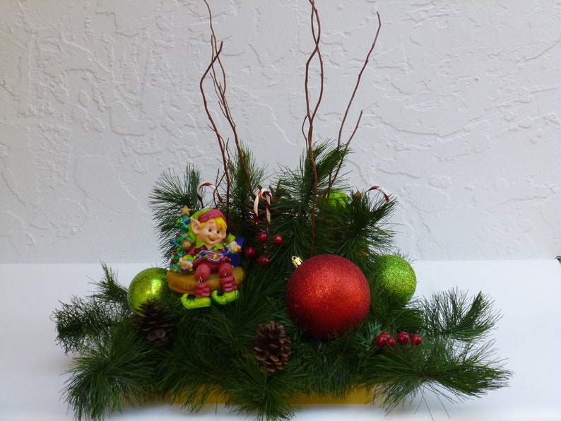 Christmas Elf's, Elf in the pines, Floral Arrangement, Holiday Centerpiece, Red and Green Floral, Artificial Plants, Christmas Gift Flowers image 3