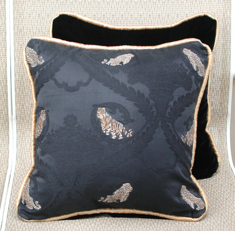 Tiger and Leopard Pillows, Trimmed in Gold, Big Cat Set, Accent Throw Pillow, Black Velvet Pillows, Luxury Toss Pillows, Safari Home Decor image 3