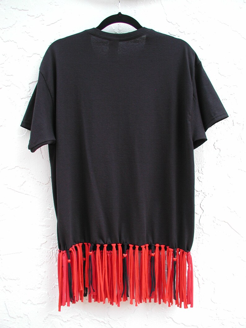 Hippie T-Shirt Black TShirt Red Fringe Shirt Adult Large T-Shirt with Fringe Costume TShirt Gift For Her Red and Black Fringe TShirt