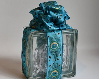 Lighted Glass Block, Interchangeable Bow Decor, 50 Clear Lights, Square Cube Night Light