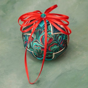 Paisley ornaments, Turquoise Ornament, Fabric Ornaments, Quilted Style Ornament, Friendship Gift, Red Ribbon Ornament, Shatterproof ball image 3
