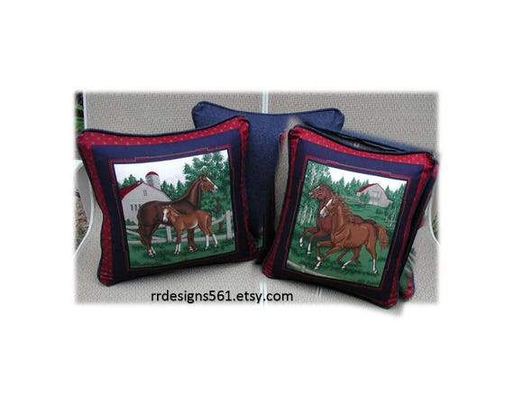 Horse Throw Pillows, Denim Back, Burgundy Velvet, Equestrian Décor