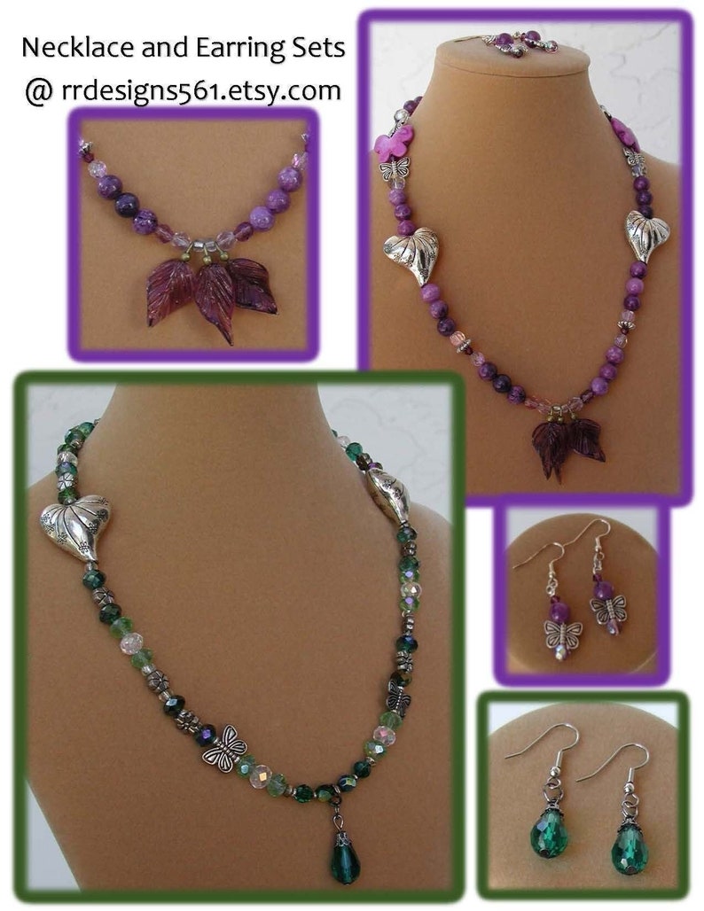 Necklace and Earrings, Silver Hearts, Silver Butterflies, Valentine Day, St. Patricks Day, Gift for Her, Leaf, Necklace Set, Purple or Green image 1