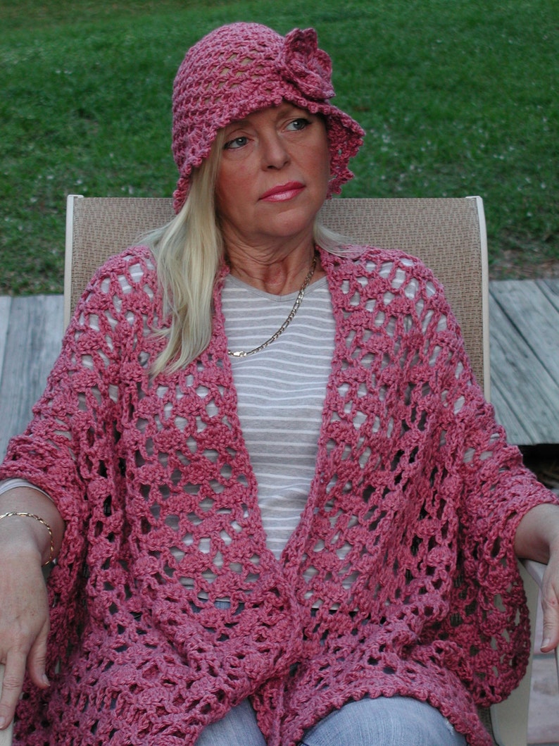 Pink Shawl and Hat, Crochet Cap and Shawl Set, Pink Shawl Wrap, Navy