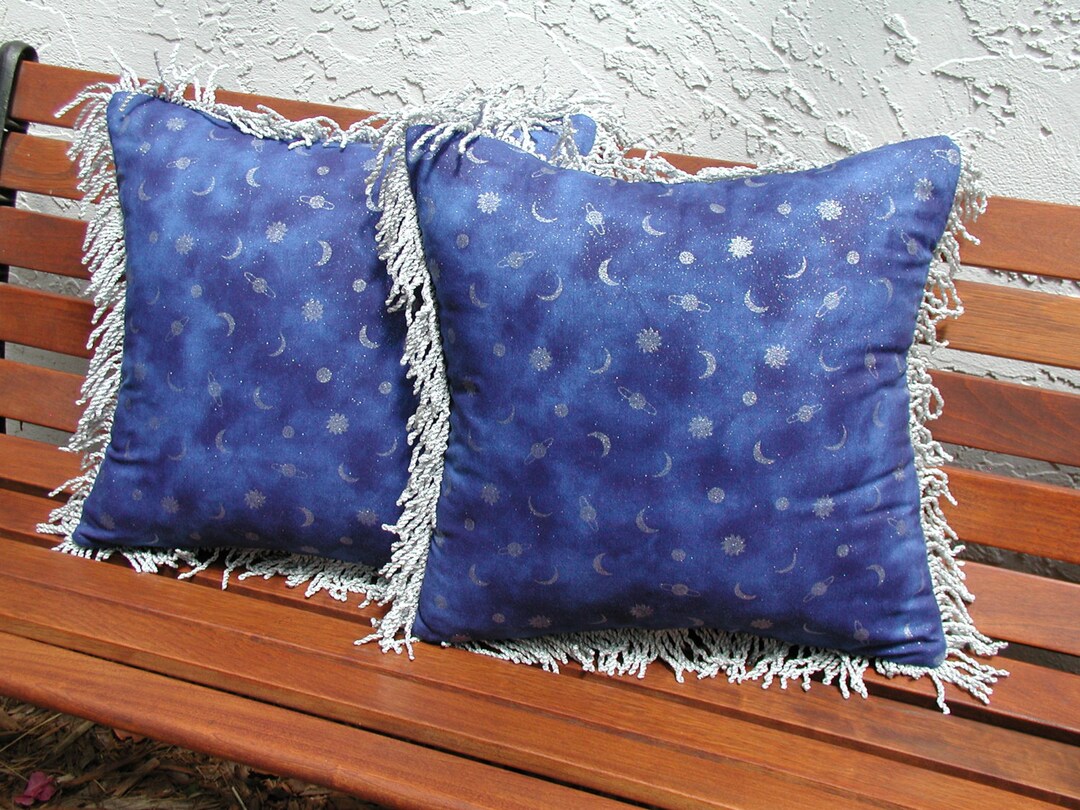 Blue Velvet Pillows, Silver Fringe Trim, Moon Stars Blue Throw