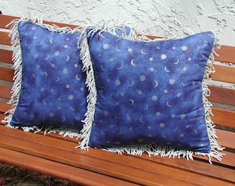 Blue Velvet Pillows, Silver Fringe Trim, Moon Stars Planets, Blue Throw Pillows, Midnight Blue Velvet, Moon and Planets, Blue Toss Pillows