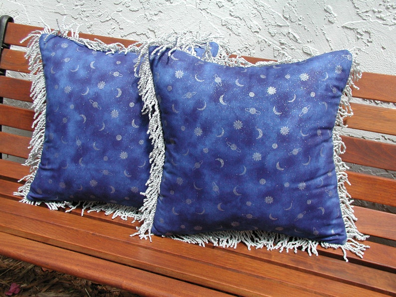 Blue Velvet Pillows Silver Fringe Trim Moon Stars Planets - Etsy