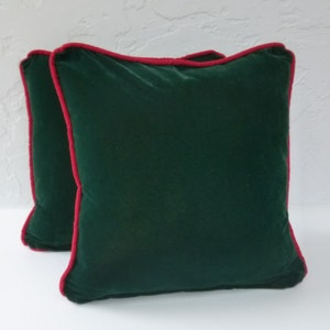Christmas Plaid, Velvet Pillows Set, Hunter Green Velvet, Luxury Pillows, with Red Trim, 18 x 18 inches, Holiday Design, Velvet Toss Pillows image 3