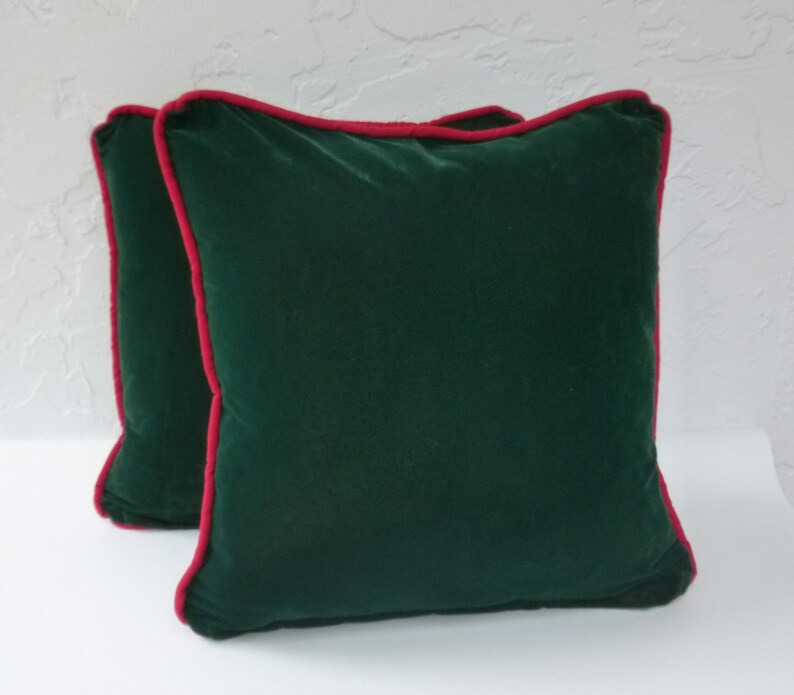 Christmas Plaid, Velvet Pillows Set, Hunter Green Velvet, Luxury Pillows, with Red Trim, 18 x 18 inches, Holiday Design, Velvet Toss Pillows image 3