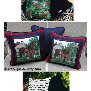 May include: A collection of square throw pillows featuring various horse-themed prints. Some pillows display a scene of a mare and foal near a barn, while others show a pattern of multiple horses on a green background or small black horse silhouettes.