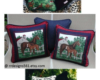 Horse Throw Pillows, Denim Pillows, Burgundy Velvet, Equestrian Gifts, Horse Toss Pillow, Green Navy Blue, Gift for Her, Horse Lover Gift