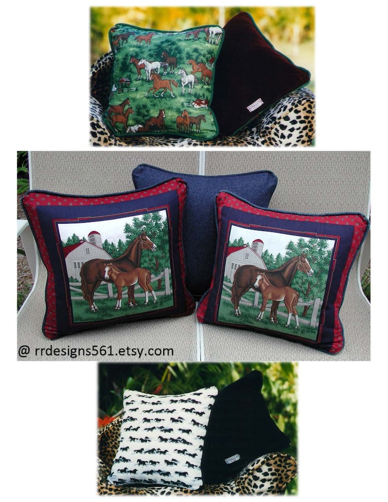 May include: A collection of square throw pillows featuring various horse-themed prints. Some pillows display a scene of a mare and foal near a barn, while others show a pattern of multiple horses on a green background or small black horse silhouettes.