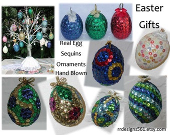 Easter Tree Eggs, Sequin Covered Eggs, Solid Colored Eggs, Easter Ornament Eggs, Real Blown Eggs, Easter Decoration, Christmas Tree Eggs