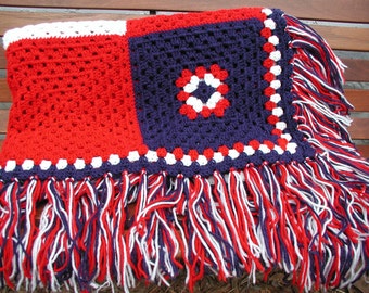 Crochet Afghan, Patriotic Blanket, Red White and Blue, Independence Day, USA Throw Blanket, Crochet Fringe Blanket